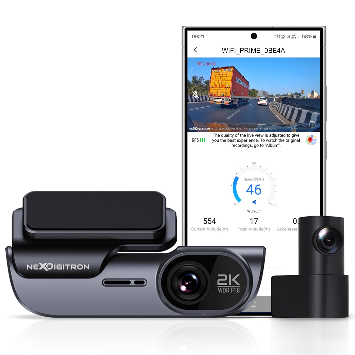 NEXDIGITRON Prime Dual Channel Dash Camera with in-Built GPS Logger, 2K+ Front & Full HD Rear, IMX335 Sensor, F1.8 6G 140° Wide Angle Lens, G-Sensor, WiFi, Optional Parking Mode, Upto 256GB Supported