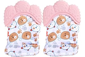 Wendergo Teething Mittens for Babies 2 Pack Baby Teething Gloves Infant Soothing Pain Relief Mitt Baby Teether Mits, Food Grade Silicone, Safe(BPA Free), Washable(Pink)
