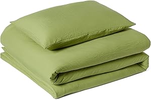 Amazon Basics 2-Piece Brushed Microfibre Bedding Set, Extra Soft, Relaxed Lived-In Look with Natural Creases, No Ironing Required, Single size, Duvet Cover 135x200 cm & 1 Pillowcase 50 x 80 cm, Green