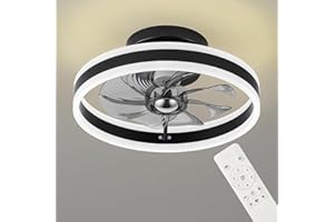 RIYNFO LED Ceiling Fans with Lights Remote,Reversible Bladeless Modern Ceiling Fan Lights Flush Mount 16 inch 6 Speeds 3 Color Dimmable Black Ceiling Fan Light for Bedroom