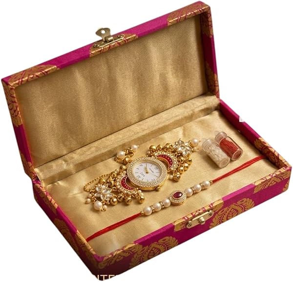 Designer Set for Brother with Analog Wrist Watch, Matching, Rudraksha Evil Eye Rakhi, Roli Chawal & Gift Box | Raksha Bandhan Gift Hamper