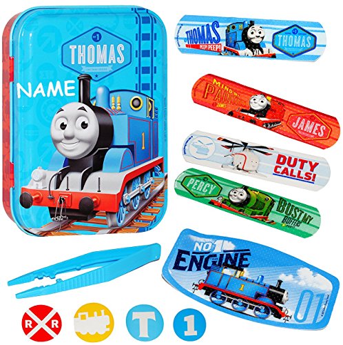 1. Hilfe _ Pflasterset - " Thomas die kleine Lokomotive " - 18 Stück wasserfeste Pflaster & Pinzette & Sticker - in Metall Box - Pflasterbox Dose bunt Kinderpflaster - Eisenbahn / Zug - James - Percy - Züge - für Kinder und Erwachsene / Trostpflaster - Mädchen & Jungen - Aufbewahrungsdose / Dampflok - Tollpatsch - Lok