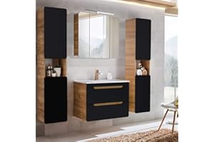 Lomadox Badezimmermöbel Set mit Keramik-Waschtisch mit 81 cm Unterschrank, seidenmatt antrhazit mit Wotan Eiche Nb., 2 Hochschränke und LED-Spiegelschrank