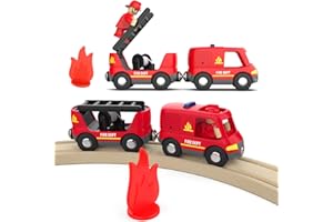 LiRiQi Treno per Bambini, Treno dei Pompieri con Luci e Suoni, Camion dei Pompieri, Pista Treno Legno giocattolo, Macchinine giochi Veicoli Compatibile Thomas,Brio, Giocattolo educativo Regali Bambini