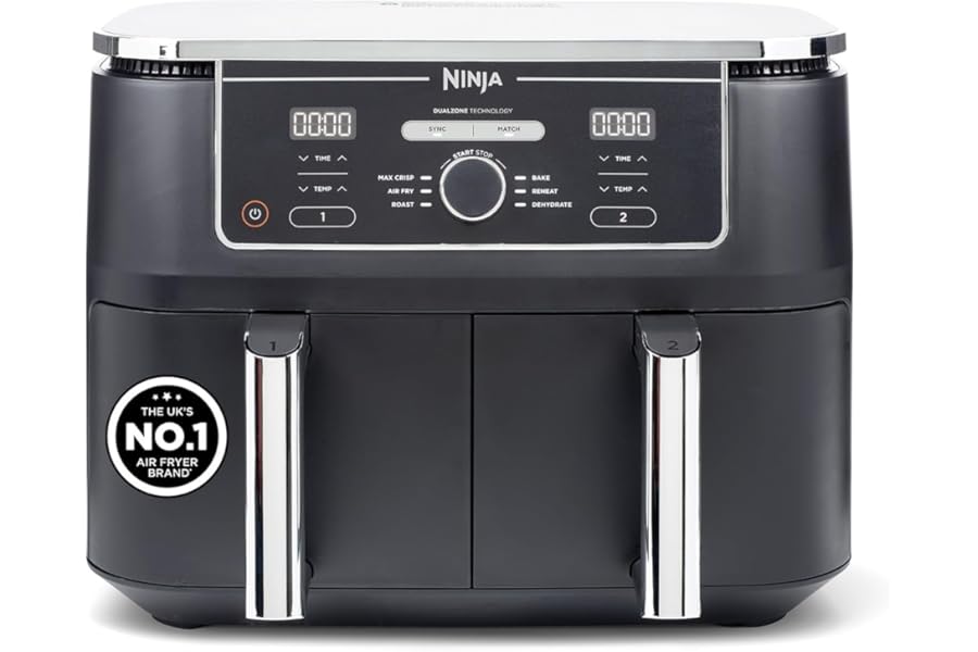 Ninja Foodi MAX Dual Zone Digital Air Fryer, 2 Drawers, 9.5L, 6-in-1, Uses No Oil, Max Crisp, Roast, Bake, Reheat, Dehydrate, Cook 8 Portions, Non-Stick Dishwasher Safe Baskets, Black AF400UK
