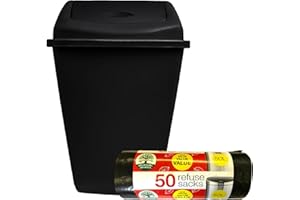 KMJ Large Kitchen Bin 50L with 50L Bin Bags (50 Pack)- Convenient & Durable Waste Bins with Swing Lid– Perfect Trash Bin for Kitchen, Office, Bathroom and Home– Space Saving Black Bins- Black 1 Pack