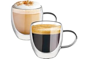 KAMEUN Tazas de Café de Cristal, 2 * 250ml Vasos de Doble Pared con Asa,Tazas de Vidrio Borosilicato para Té, Café con Leche, Capuchino, Espresso, Jugo, Agua
