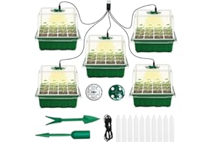 DOUUCO Seed Trays, 5 Pack 60 Cells Propagator Trays for Plants with Grow Lights, Germination Trays Kit with Heightened Lids, Thicken Seedling Starter Growing Trays with Clear Lids/Adjustable Window