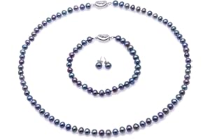 JYX PEARL JYX Conjunto de joyas de perlas para mujer 6-7mm AA Champagne Collar de perlas de agua dulce redondo, pulsera y aretes de plata 925 (púrpura, dorado, negro y rosa)