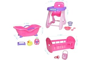 JC TOYS- Set de 3 Piezas para muñecas, bañera, Silla Alta de Comer, Cuna Mecedora y 9 Accesorios, muñecas hasta 36 cm, Ideal para Jugar, Rosa, diseñado por Berenguer, +2 años