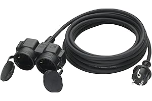 HUARUI Verlängerungskabel Outdoor 5m mit 2 Schuko-Steckdosen, Gummi Doppel-Verlängerung 3500W mit Schutzkappe für den Außenbereich IP44, Stromkabel H05RR-F 3G1,5mm² mit Doppelsteckdose, 16A/250V, Schwarz