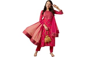 GoSriKi Kurta mit geradem Druck aus Baumwollmischung mit Hose und Dupatta für Damen