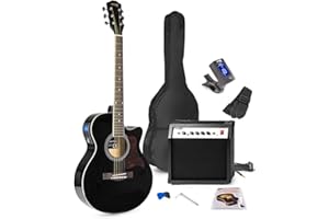Beginner Electric Acoustic Guitar Kit with 40W Amp, Grand Auditorium Cutaway Body, Built-In LED Tuner & EQ, Gig Bag & Accessories - Max SHOWKIT Black
