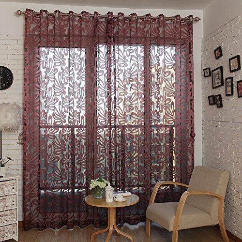 Top Finel Transparente Geometrische Muster Gardinen Wohnzimmer Sheer Dekor Vorhänge mit Ösen,1 Stück, Burgund,300x250cm