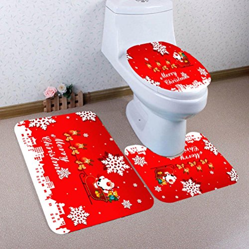 Colorful(TM) 3pcs/set Christmas Bathroom Decor Non-Slip Blue Ocean Style Pedestal Rug + Lid Toilet Cover + Bath Mat (A)