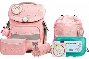 SCHOOL-MOOD Timeless Pro Schulranzenset 7-teilig 23,5L Stauraum, ergonomisches Easy Fit System für 1 m bis 1,50 m Körpergröße, standfest, wasserdichter Stoff mit Reflektoren (Rainbow)