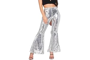 ORANDESIGNE Pantalons Femmes Larges Occasionnels Mode Paillettes Pantalon Évasé Disco Taille Haute Solide Couleur Pants