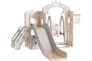 Nine point nine Tobogan, Toboganes Infantiles Exterior, Tobogán y Columpio para Niño, Escorrega Infantil, Centro de Actividades Equipo de Juego Exterior Interior (Tower-Pink)