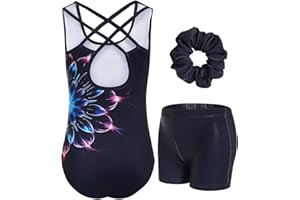 JiAmy Maillot Gimnasia Ritmica para Niña, Maillot Ballet Cuello redondo Maillot Disfraz Gimnasta Incluyendo Hairband Pantalones cortos Niña de 3 a 12 años