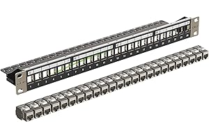 FGB 10Gbps 24 Port CAT7 Patchpanel mit 24x Cat7 Keystone Module Geschirmter, 19" Zoll Rackeinbau RJ45 LAN Netzwerk 600 MHz Verlegekabel für Gigabit-Netzwerk-Switch