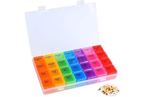 LUOQUN88 High Capacity Weekly Pill Box/Organiser 7 Day 4 Times A Day, with 28 Copartments to Hold Plenty of Medication, Vitamins and Supplements（Colour）