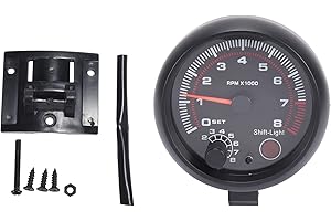 Niejgay Universel 3,75 Pouces 12V LED Blanche Retro-Eclairee Jauge Tachymetre avec Voyant De Changement De Rouge pour Voiture a Essence Automatique, 0-8000 RPM