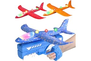 HATFRYF Airplane Launcher Toys, 3 Pack LED Throwing Glider Plane, Catapult Aeroplane Toy with Gun, 12.6 Inch Foam Glider Airplane, 2 Flight Modes for Kids Flying Toys Age 3 4 5 6 7 8 9 Year Gifts