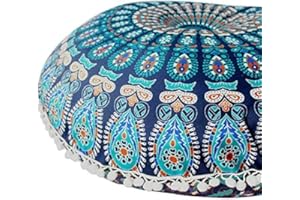 AVA COLLECTIONS 32" Mandala Large Floor Pillow Cover Meditation Cushion Seating Throw Hippie Round Colourful Decorative Bohemian Accent Boho Chic dog bed Indian Pouf Ottoman Handmade COVER ONLY (Peacock-Blue)