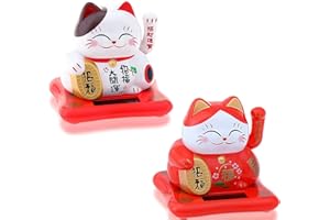 FLANACOM Juego de 2 Gatos Que Saluda - Gato Japonés Guiñote de la Suerte - Figura Que Asiente Amuleto de la Suerte para el Escritorio de la Oficina - Artículos de Broma Divertidos (Blanco y Rojo Solar)