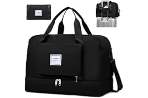 FIORETTO Womens Foldable Weekend Bag Overnight Hospital Bag with Shoes Compartment & Wet Pocket, Water Resistant Gym Bag Duffle Bag Travel Bag Holdall for Women Men Black