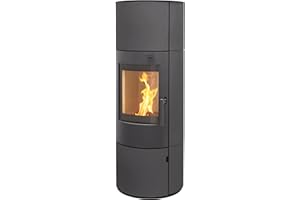 THERMIA Kaminofen München XL Stahl gussgrau7kw Speicherofen Panoramatür Holzofen Dauerbrand geeignet Schwedenofen 150mm Abgasstutzen selbstschließende Tür (Bauart 1)