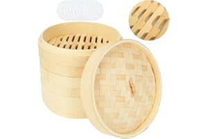 GOYADA 4 Pcs Cuiseur Vapeur en Bambou 3 Niveaux, Panier Vapeur Bambou (Diamètre 20cm), Cuit Vapeur en Bambou avec 50 Feuilles de Papier à Vapeur pour le Riz, les Légumes, les Dim Sum, le Poisson