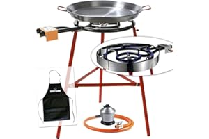 GARCIMA-COMGAS-KABRA Garcima Set à paella 40 cm avec poêle à paella 42 cm, support renforcé, régulateur, tuyau à gaz et pare-vent Kabra + tablier gratuit