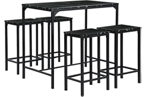 buybyroom Juego de 5 mesas de bar de mármol con 4 taburetes, 100 x 60 x 90 cm, mesa de bar con taburete, 30 x 40 x 65 cm, color negro