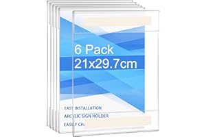 Rarapop A4 Wall Acrylic Sign Holder, 6 Pack Wall Mount Sign Holder with Double Sided Adhesive Tape without Drilling, Memo Document Menu Holder for Office, Home, Store, Restaurant (Clear, A4-6pcs)