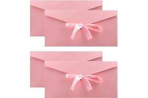 Hopzab 4 Pack Kraft Paper Envelopes with Ribbons,Pink Money Wallets Cash Gifts Vintage Invitation Card Envelopes for Festival Party,Handmade Invitations,Wedding,Birthday