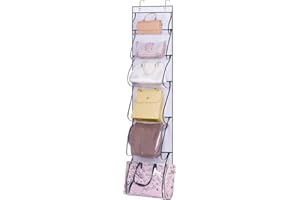 MISSLO Over Door Hanging Handbag Organiser Storage For Wardrobe Dust Bags for Handbags with 6 Different Size Pockets, Caps, Purses, Scarves, Towel, Gift Accessories Holder(White)