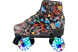 SPRLN Roller Skates Women, Quad Roller Skates, Double Row Light Up Skating, PU Leather Material Microfiber for Beginners Teens Kids Adult,Black,UK 3/EU 35
