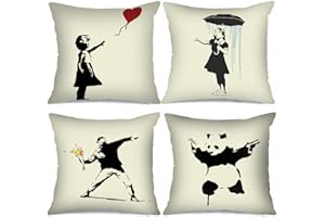 Tucocoo Banksy Art poszewki na poduszki dekoracyjne, 45 x 45 cm, zestaw 4 czarno-białych poszewek na poduszki, graffiti, street pop, dekoracja na zewnątrz, na kanapę, sofę, łóżko, samochód, dekoracja domu