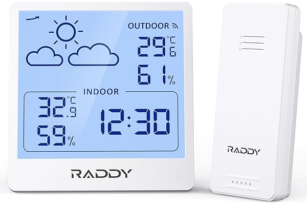 Raddy WF-50 Station météo sans fil, thermomètre et hygromètre d'intérieur et d'extérieur, 5" TN écran, prévisions météo et capteur à distance sans fil, avec tendance barométrique(Blanc)
