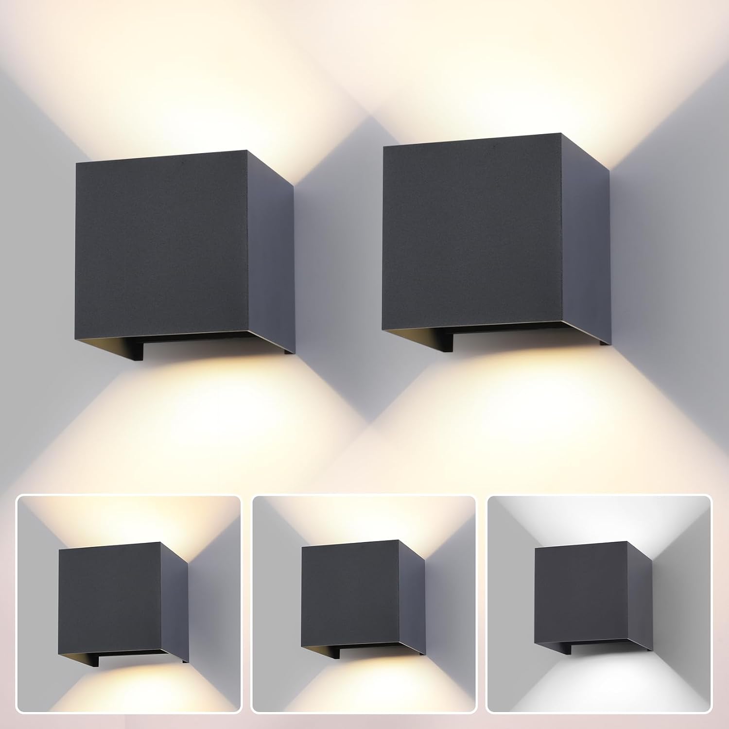 FUPE 2 Piezas LED 15W Aplique de Pared Exterior Interior Luz Ajustable de 3 Colores IP65 Impermeable Lámparas de Pared Apliques de exterior cuadrada de aluminio Ángulo de luz ajustable 11CM Antracita