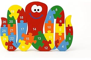 BLUECHOLON Puzzle, pädagogisches Puzzle, aus Holz, Tiere und Fahrzeuge, 25 x 20 cm, Zahlen und Buchstaben, Alphabet, mehrfarbig (Krake)