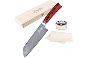 ‎BACHER BACHER Nóż Santoku 18 cm - Stal damasceńska AUS-10V - Ostry Japoński Nóż Kuchenny ze Stali Damasceńskiej – Kuty Nóż Santoku z Drewnianą Rękojeścią - Zestaw prezentowy