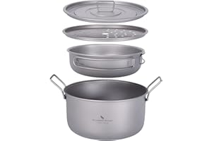 iBasingo 1900ml Titanium Soup Pot & 900ml Frying Pan Set with Lid & Steamer Grid Ultralight Outdoor Camping Cookware Indoor Wok Tea Tray Open Fire Multifunctional Mess Kit Ti2057C