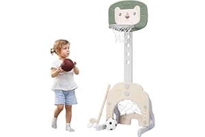 COSTWAY 3 in 1 Kinder Spielplatz, höhenverstellbarer Basketballkorb & Fußballtor & Golf, Basketballständer inkl. Bälle und Golf Club, Korbanlage für Innen- und Außenbereiche (Grün)