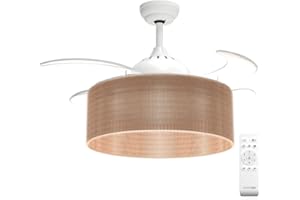 UNIVERSALBLUE | Ventilador de techo con luz y aspas retráctiles | Tulipa de cuerda | Ventilador silencioso con motor DC | 3 Tipos de Luz | 6 Velocidades |