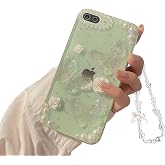 Ownest Mobile Phone Case Compatible with iPhone 7 Plus/iPhone 8 Plus Butterfly Flower Transparent Design Aesthetic Women Girls Glitter Crystal Cute Case + Pearl Necklace