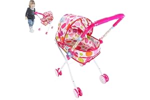 Rianpesn Poussette Landau pour Poupée - Poussette réaliste 2 en 1 pour poupées avec Berceau Amovible - Landau avec nacelle, auvent rétractable et poignée Souple - pour poupées jusqu'à 18"