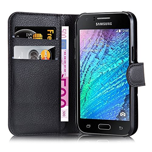 Cadorabo – Book Style Hülle für Samsung Galaxy J1 – 5 (Modell 2015) – Case Cover Schutzhülle Etui Tasche mit Standfunktion und Kartenfach in PHANTOM-SCHWARZ - 3