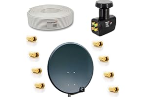 Premium X Satelliten-Komplettanlage 80cm Satellitenschüssel Aluminium Anthrazit Quad LNB 50m Kabel F-Stecker, SAT bis 4 Teilnehmer